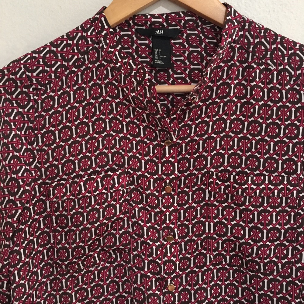 H&M Black Cream pink Patterned Blouse Size 2